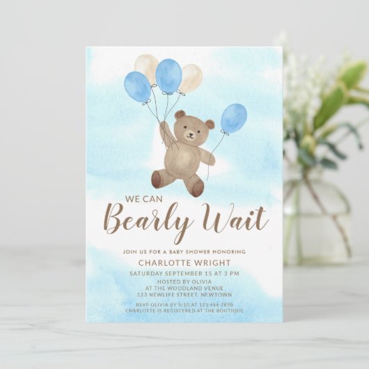 Boy Teddy Bear We Can Bearly Wait Baby Shower 招待状 (スタンド正面)