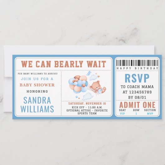 Boy Teddy Bear “We Can Bearly Wait” Baby Shower  招待状 (正面)