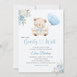 Boy Teddy Bear We Can Bearly Wait blue Baby Shower 招待状