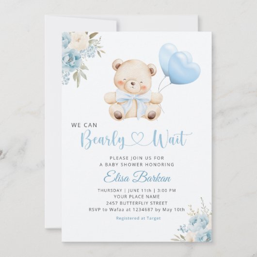 Boy Teddy Bear We Can Bearly Wait blue Baby Shower 招待状 (正面)