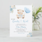 Boy Teddy Bear We Can Bearly Wait blue Baby Shower 招待状 (スタンド正面)