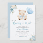 Boy Teddy Bear We Can Bearly Wait blue Baby Shower 招待状 (正面/裏面)