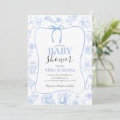 Boy Toile De Jouy Blue Baby Shower Invitation 招待状 (スタンド正面)
