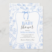 Boy Toile De Jouy Blue Baby Shower Invitation 招待状 (正面/裏面)