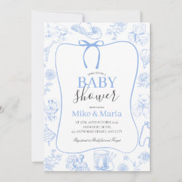 Boy Toile De Jouy Blue Baby Shower Invitation 招待状