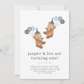 Boy Twins – ベアーズパーティーハット – 1st Birthday Photo 招待状 (正面)