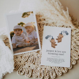 Boy Twins – ベアーズパーティーハット – 1st Birthday Photo 招待状
