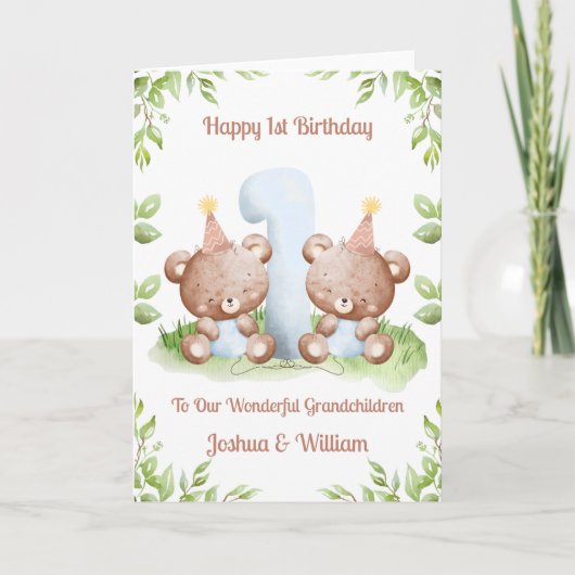 Boy Twins 1st Birthday Greenery Teddy Bear Card カード (正面)