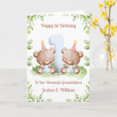 Boy Twins 1st Birthday Greenery Teddy Bear Card カード (黄色い花)