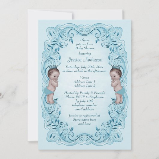 Boy Twins Ornateヴィンテージの王子の青色児のシャワー 招待状 (裏面)