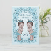 Boy Twins Ornate Blueヴィンテージの王子の第1誕生日 招待状 (スタンド正面)