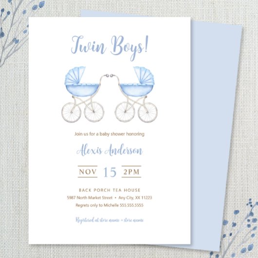 Boy Twins with blue Carriages Baby Shower 招待状