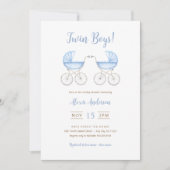 Boy Twins with blue Carriages Baby Shower 招待状 (正面)