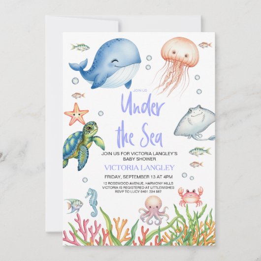 Boy Under The Sea Ocean Animals Baby Shower 招待状 (正面)