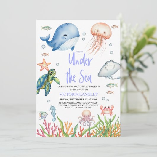 Boy Under The Sea Ocean Animals Baby Shower 招待状 (スタンド正面)