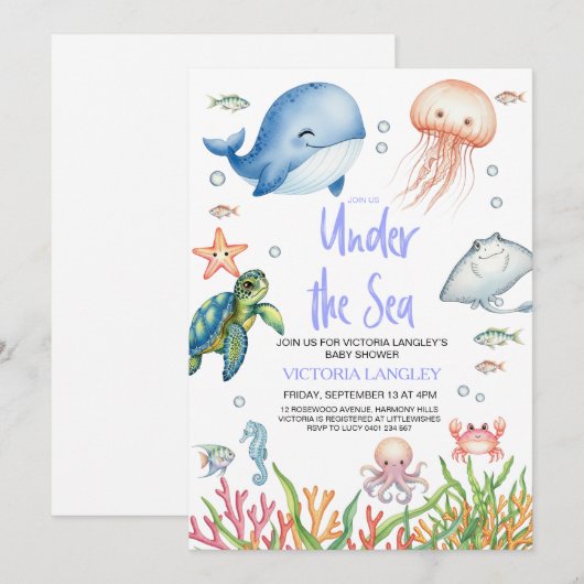 Boy Under The Sea Ocean Animals Baby Shower 招待状 (正面/裏面)