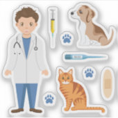Boy Veterinarian With Puppy Cat And Vet Things シール (正面)
