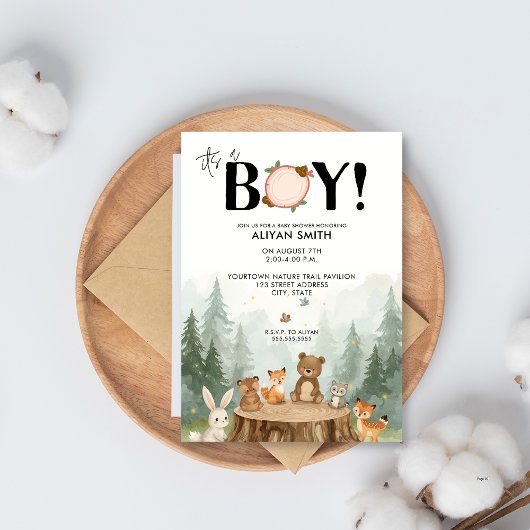 Boy Water Color Woodland Animal Baby Shower 招待状