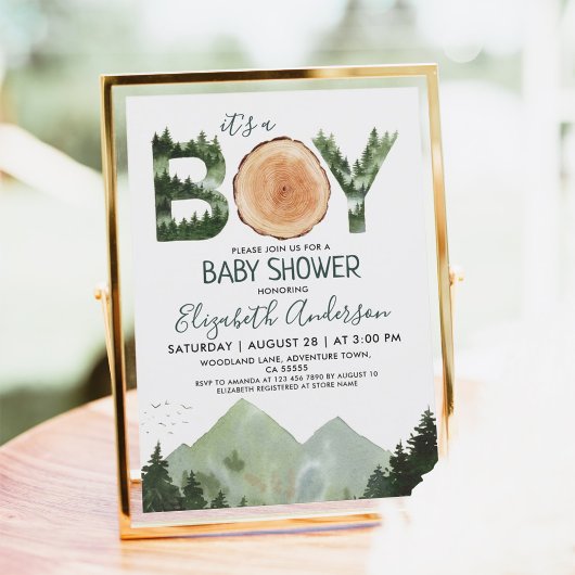 Boy Water Color Woodland Baby Shower 招待状