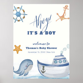 Boy Whale Sailboatモダン Baby Showerへようこそ ポスター