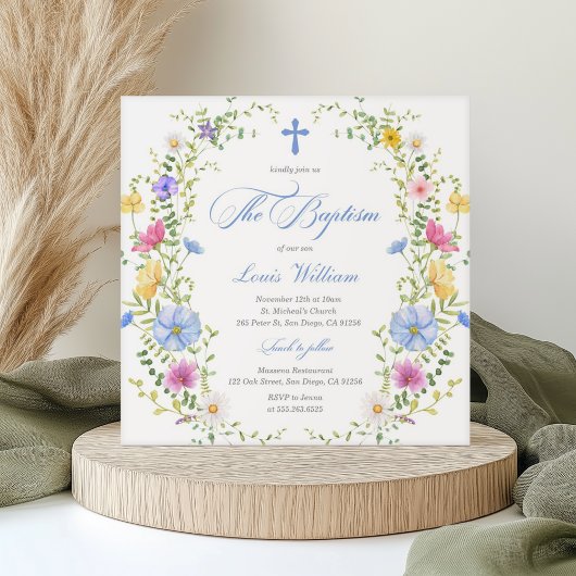 Boy Wildflower Watercolor Baptism Invitation 招待状