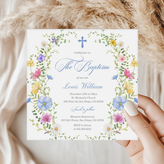 Boy Wildflower Watercolor Baptism Invitation 招待状