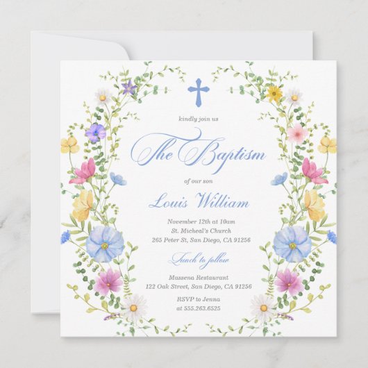 Boy Wildflower Watercolor Baptism Invitation 招待状 (正面)
