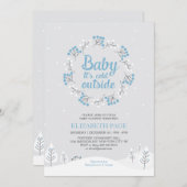 Boy Winter Wonderland赤ちゃんシャワー、青と灰色 招待状 (正面/裏面)