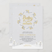 Boy Winter Wonderland Baby Shower,金ゴールド 招待状 (正面/裏面)