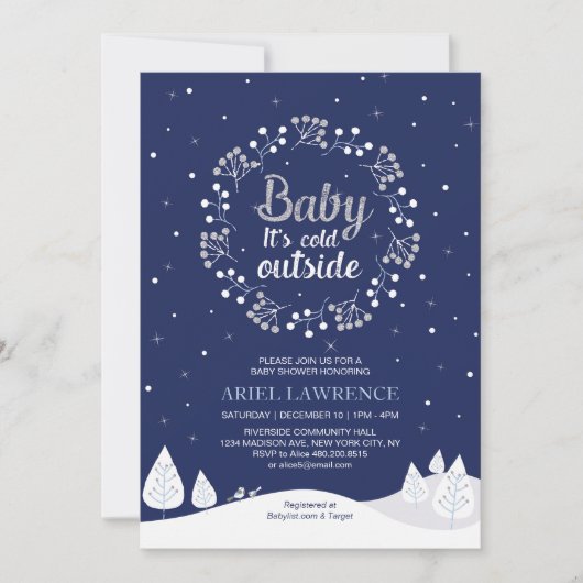 Boy Winter Wonderland Baby Shower, Navy & Silver 招待状 (正面)