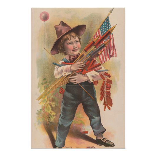 Boy with Fireworks, American Flag, Patriotic Print フォトプリント (正面)