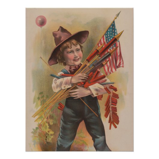 Boy with Fireworks, American Flag, Patriotic Print ポスター (正面)