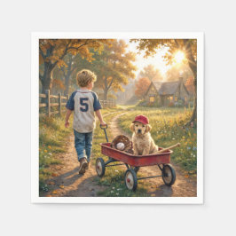 Boy with Red Wagon and Golden Retriever Puppy スタンダードカクテルナプキン