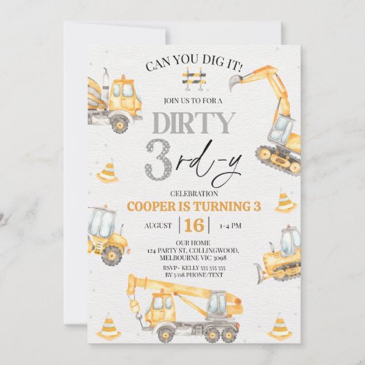 Boy Yellow Grey Construction Dirty 3rd-y Birthday  招待状 (正面)