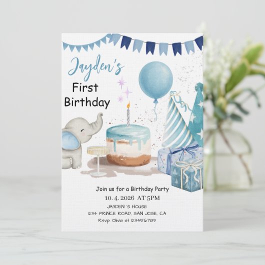 Boys 1st Birthday-Cute Modern Blue First Birthday 招待状 (スタンド正面)