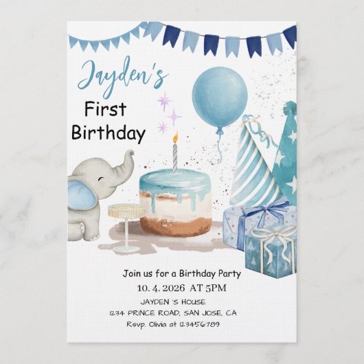 Boys 1st Birthday-Cute Modern Blue First Birthday 招待状 (正面)