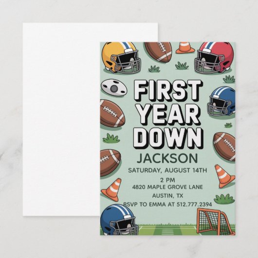 Boy's 1st Birthday First Year Down - Football  招待状 (正面/裏面)