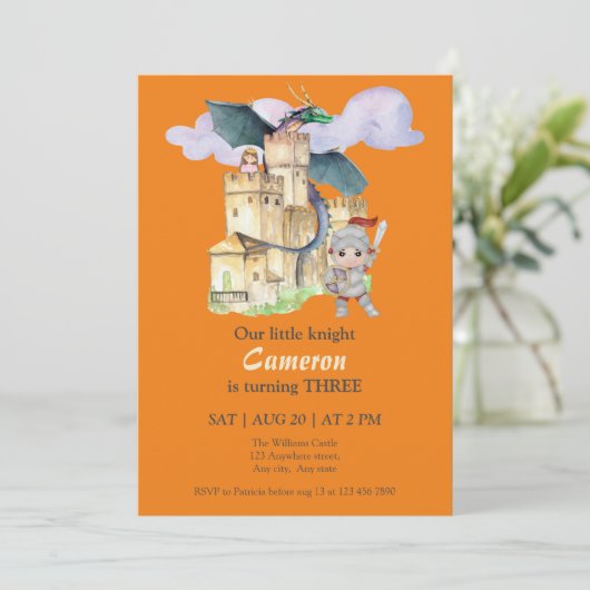 Boys Birthday Fairytale Knight Castle Dragon  招待状 (スタンド正面)
