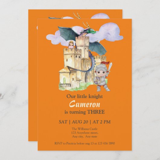 Boys Birthday Fairytale Knight Castle Dragon  招待状 (正面/裏面)