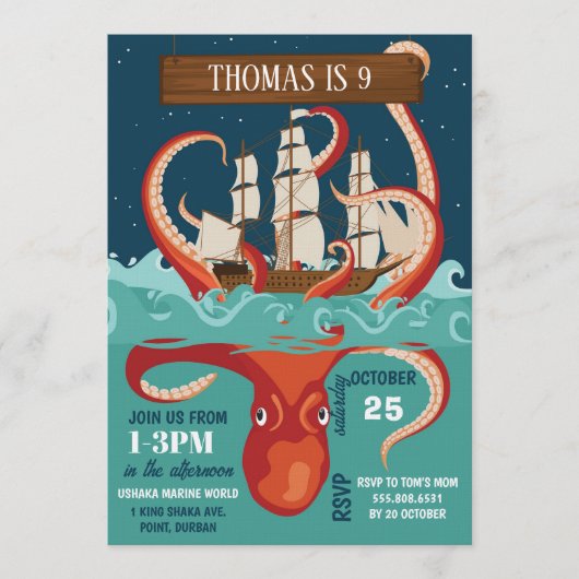 Boys Birthday Party Kraken 招待状 (正面)