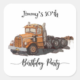 Boys Birthday Party Orange Semi Truck スクエアシール