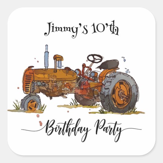 Boys birthday party with antique tractor design スクエアシール (正面)