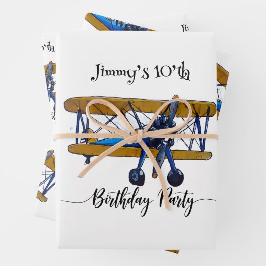 Boys birthday party with blue and yellow biplane ラッピングペーパーシート (インサイチュ)