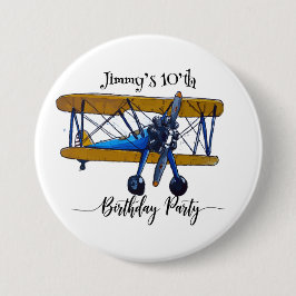 Boys birthday party with blue and yellow biplane 缶バッジ