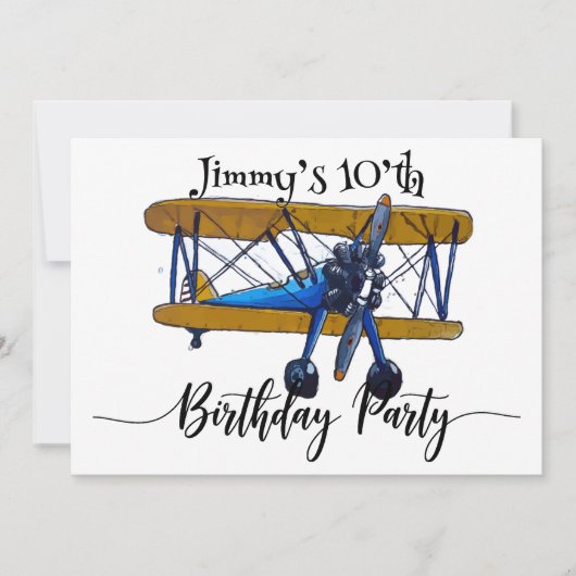 Boys birthday party with yellow and blue biplane 招待状 (正面)
