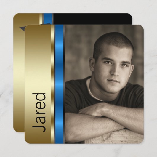 Boys Blueと金ゴールド写真の卒業発表 招待状 (正面/裏面)