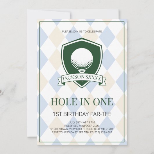 Boys Blue Golf Hole in One 1st Birthday Party 招待状 (正面)