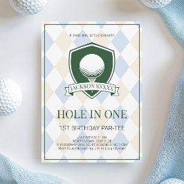 Boys Blue Golf Hole in One 1st Birthday Party 招待状
