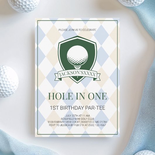 Boys Blue Golf Hole in One 1st Birthday Party 招待状
