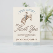 Boys Blue Gray Twins First Rodeo 1st Birthday サンキューカード (スタンド正面)